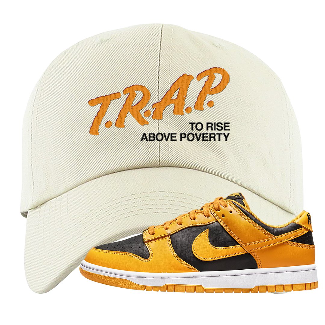 Goldenrod Low Dunks Dad Hat | Trap To Rise Above Poverty, White