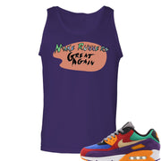 Printed on the front of the purple Air Max 97 Viotech sneaker matching tank top is the Make Runners Great Again logo