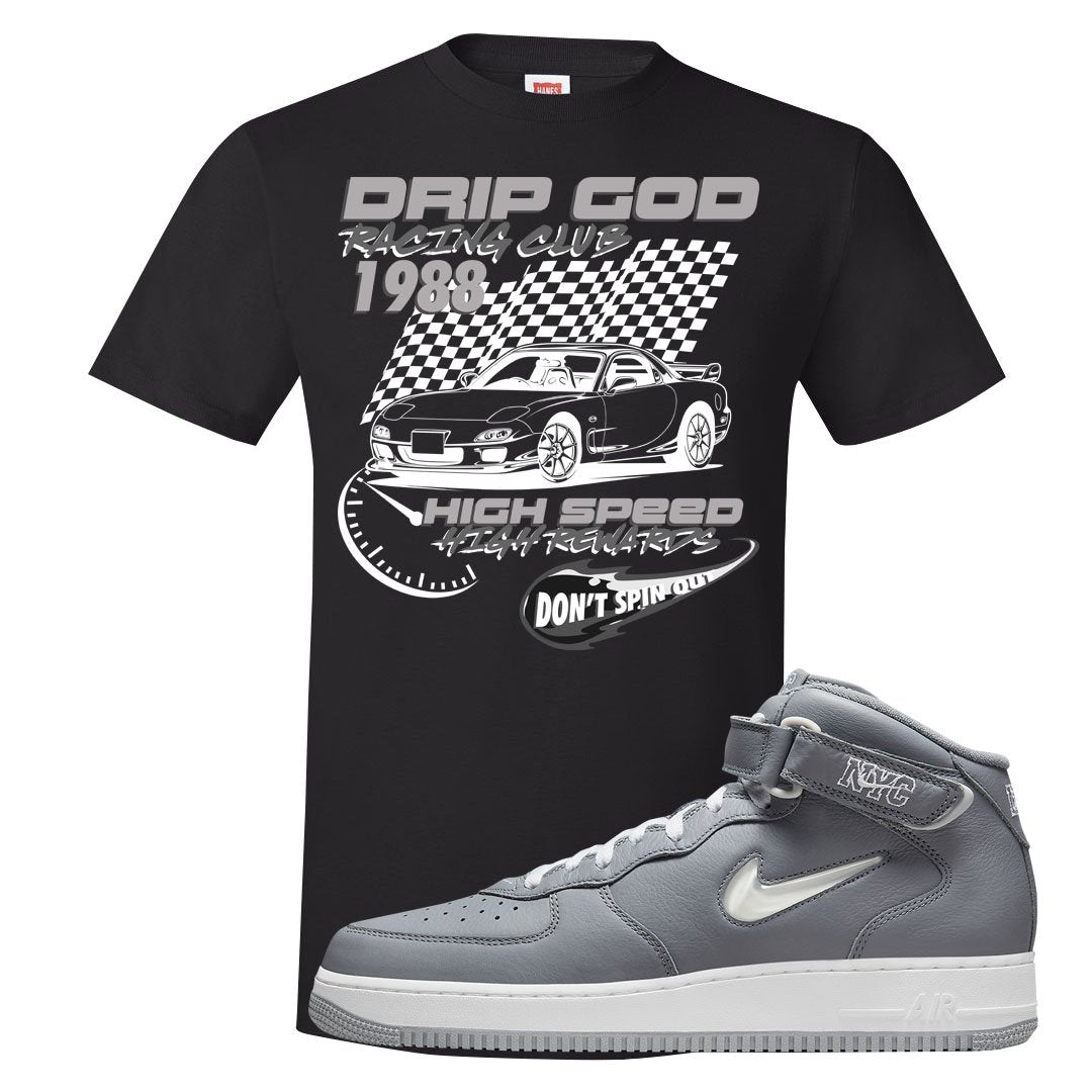 Cool Grey NYC Mid AF1s T Shirt | Drip God Racing Club, Black