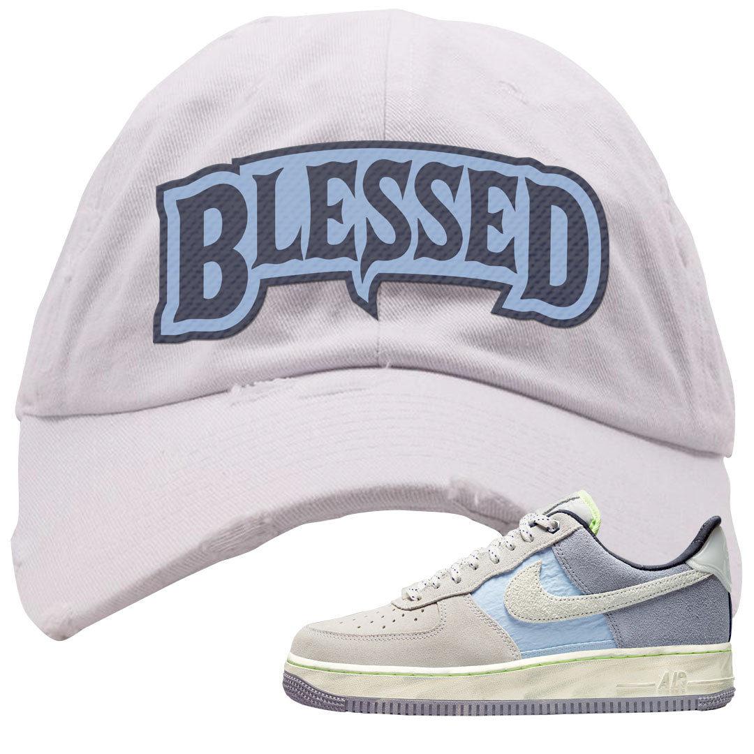 Womens Mountain White Blue AF 1s Distressed Dad Hat | Blessed Arch, White