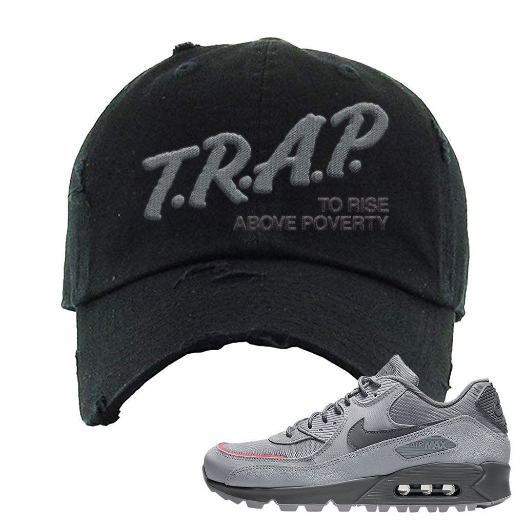 Wolf Grey Surplus 90s Distressed Dad Hat | Trap To Rise Above Poverty, Black