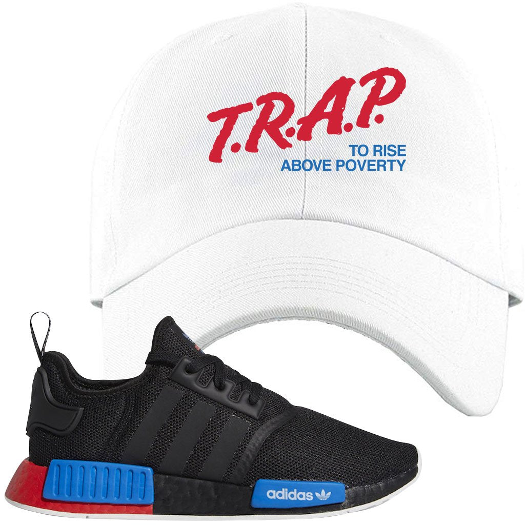 NMD R1 Black Red Boost Matching Dad Hat | Sneaker Dad Hat to match NMD R1s | Trap To Rise Above Poverty, White