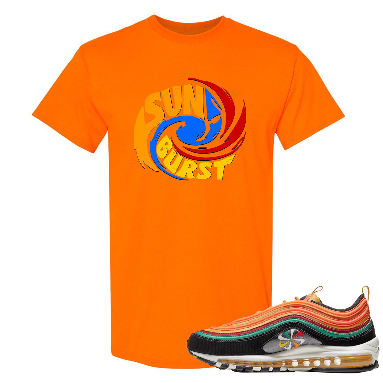 Printed on the front of the Air Max 97 Sunburst safety orange sneaker matching tee shirt is the sunburst hurricane logo