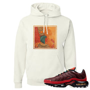 printed on the front of the air max plus sunburst sneaker matching white pullover hoodie is the vintage egyptian logo