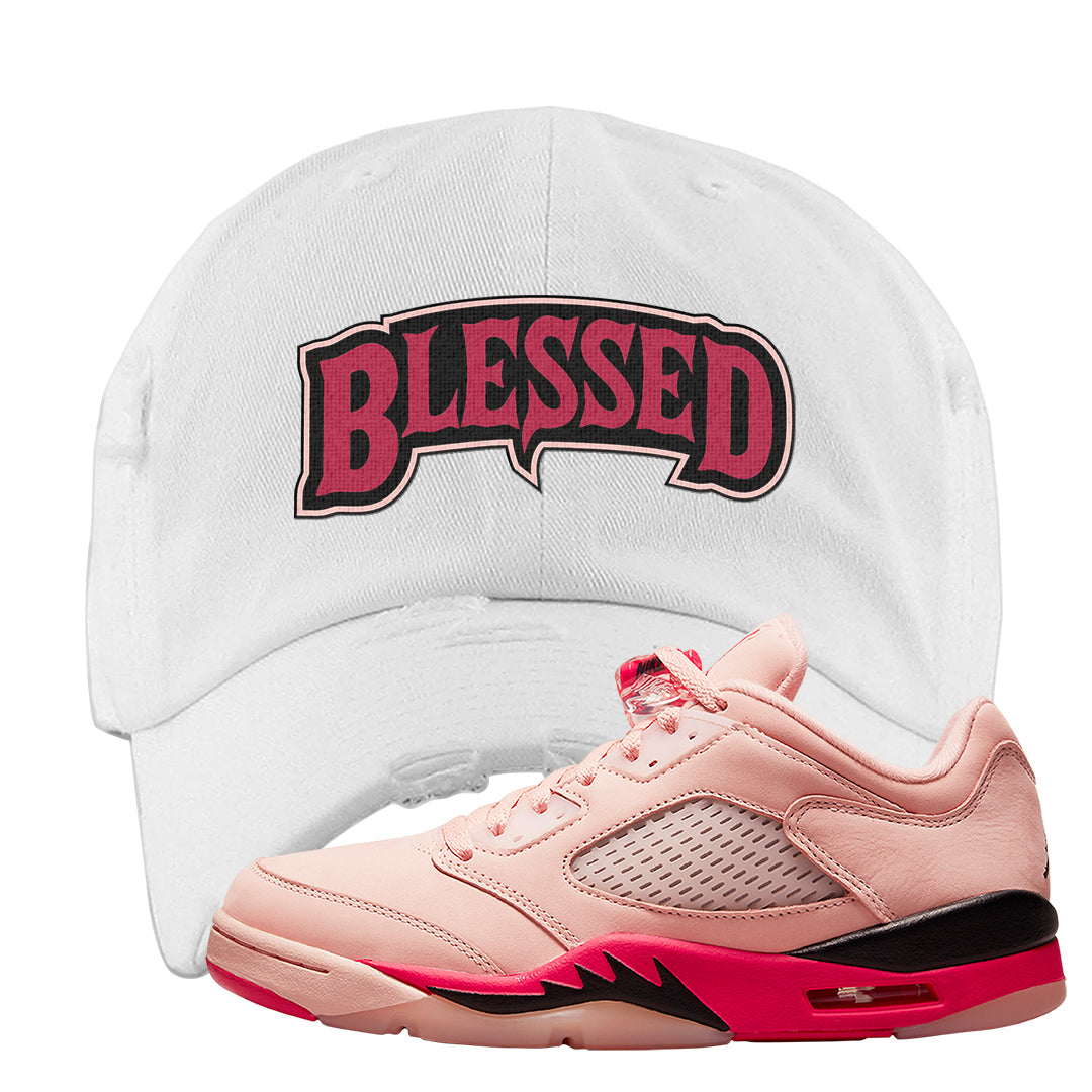 Arctic Pink Low 5s Distressed Dad Hat | Blessed Arch, White
