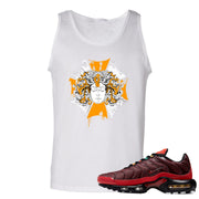 printed on the front of the air max plus sunburst white sneaker matching tank top is the medusa sunburst logo