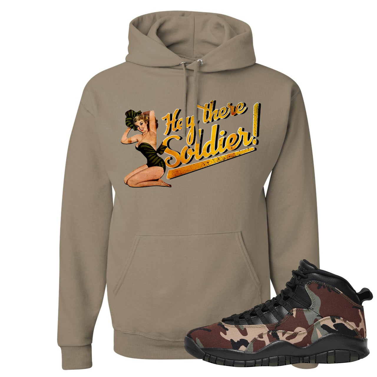Woodland Camo 10s Hoodie | Hey There Soldier, Khaki