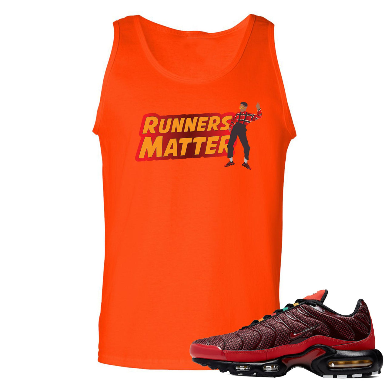 embroidered on the front of the air max plus sunburst sneaker matching orange tank top is the runners matter logo