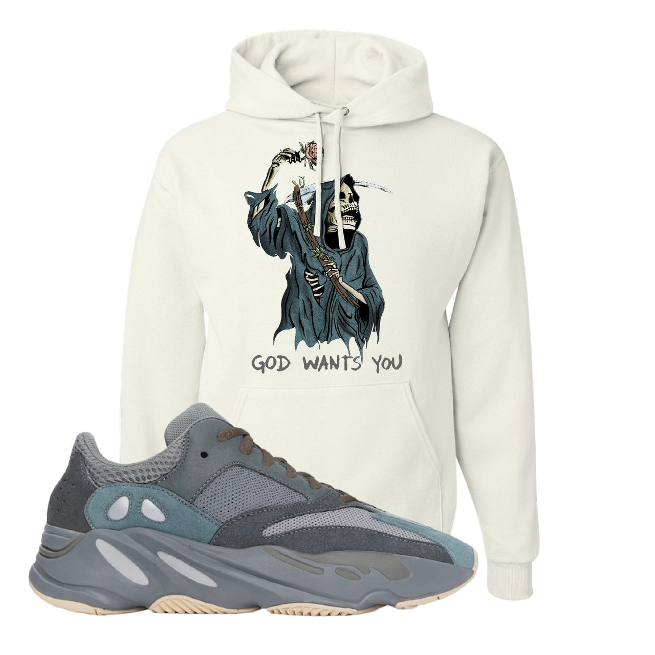 Yeezy Boost 700 Teal Blue God Wants You Reaper White Sneaker Hook Up Pullover Hoodie