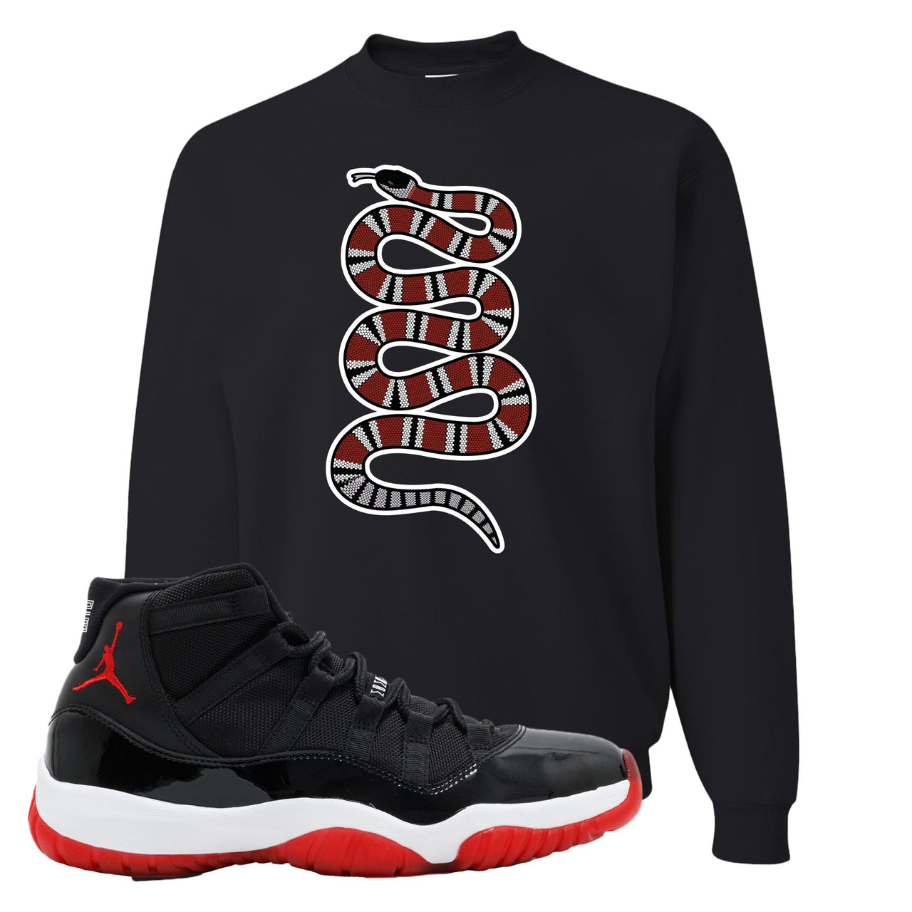 Jordan 11 Bred Coiled Snake Black Sneaker Hook Up Crewneck Sweatshirt