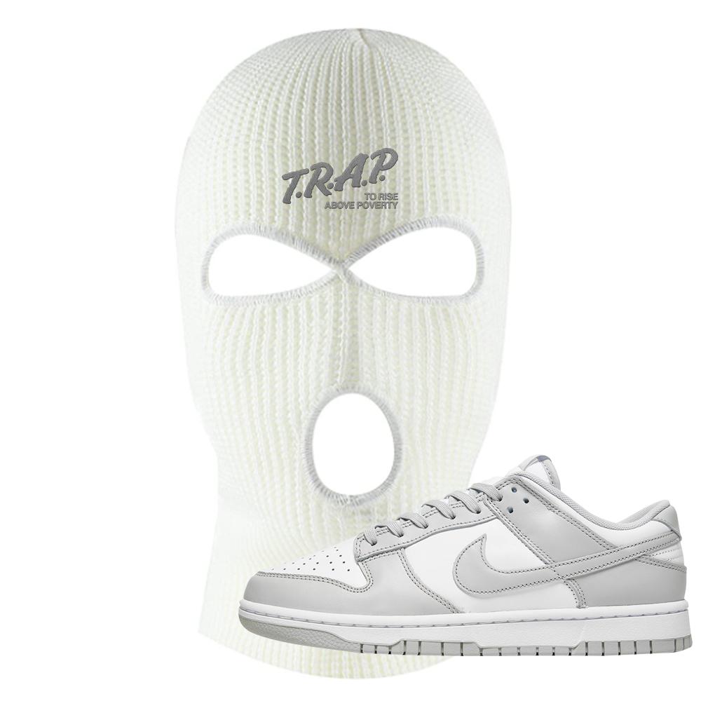 Grey Fog Low Dunks Ski Mask | Trap To Rise Above Poverty, White