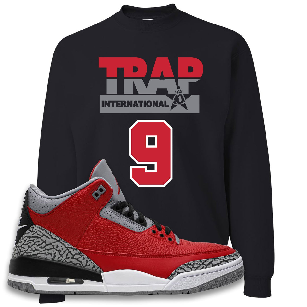 Chicago Exclusive Jordan 3 Red Cement Sneaker Black Crewneck Sweatshirt | Crewneck to match Jordan 3 All Star Red Cement Shoes | Trap International
