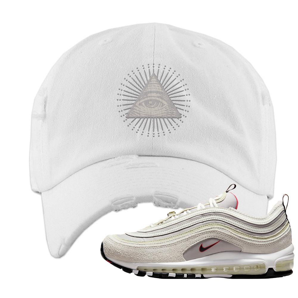 First Use Suede 97s Distressed Dad Hat | All Seeing Eye, White