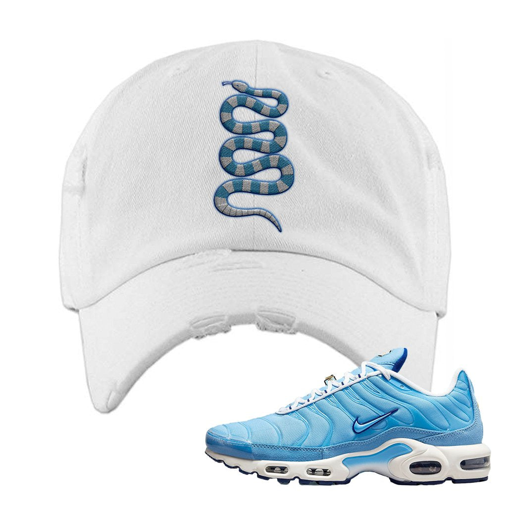 Air Max 1 First Use University Blue Distressed Dad Hat | Coiled Snake, White