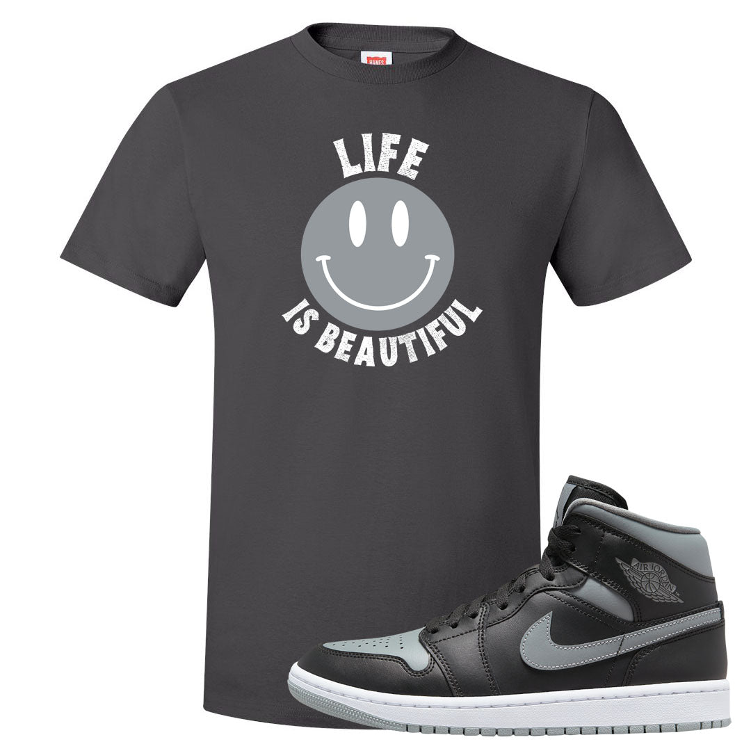 Alternate Shadow Mid 1s T Shirt | Smile Life Is Beautiful, Smoke Grey