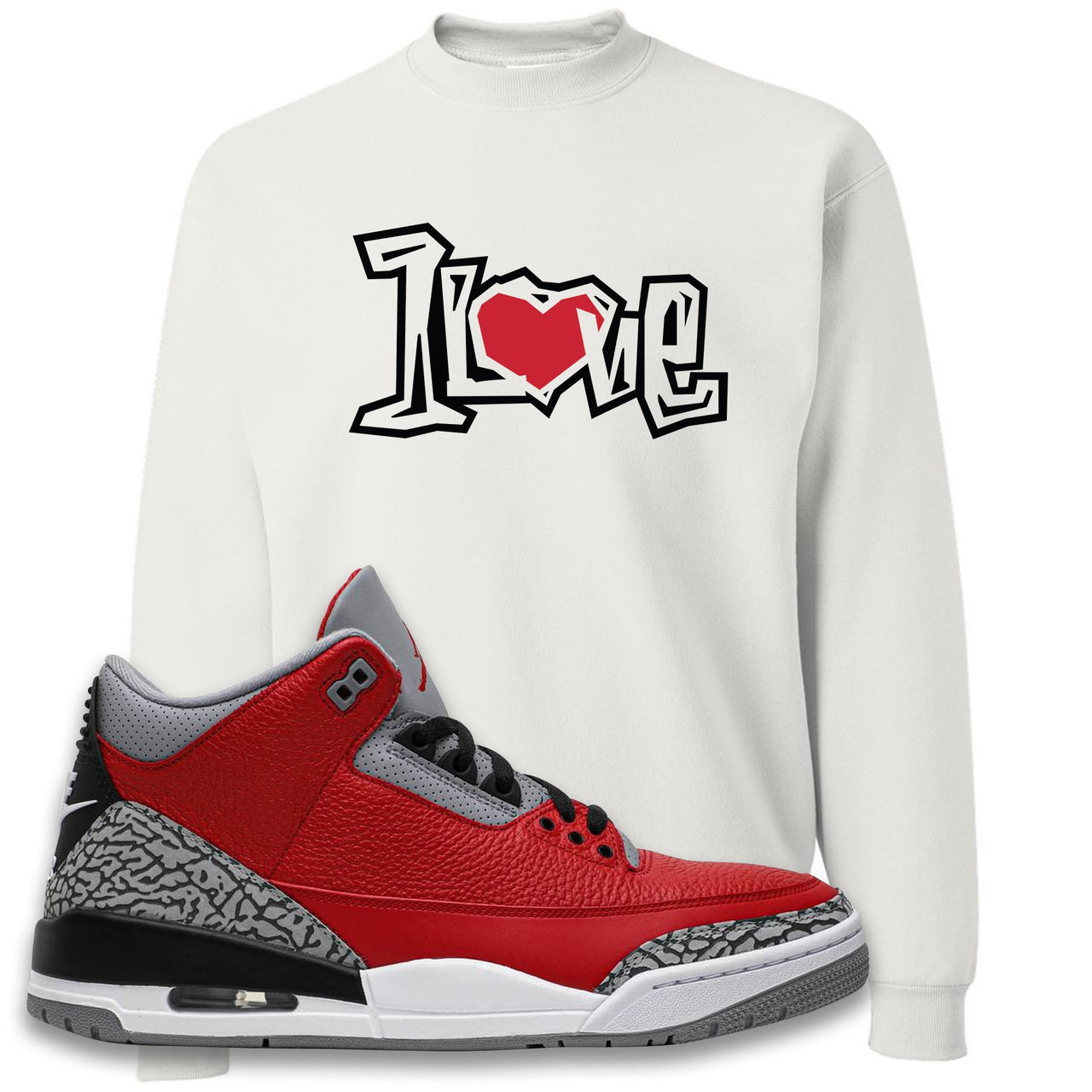 Chicago Exclusive Jordan 3 Red Cement Sneaker White Crewneck Sweatshirt | Crewneck to match Jordan 3 All Star Red Cement Shoes | 1 Love