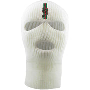 Embroidered on the front of the white Italian snake ski mask is the snake on stripes logo embroidered in red and green