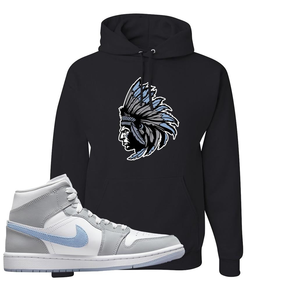 Air Jordan 1 Mid Grey Ice Blue Hoodie | Indian Chief, Black