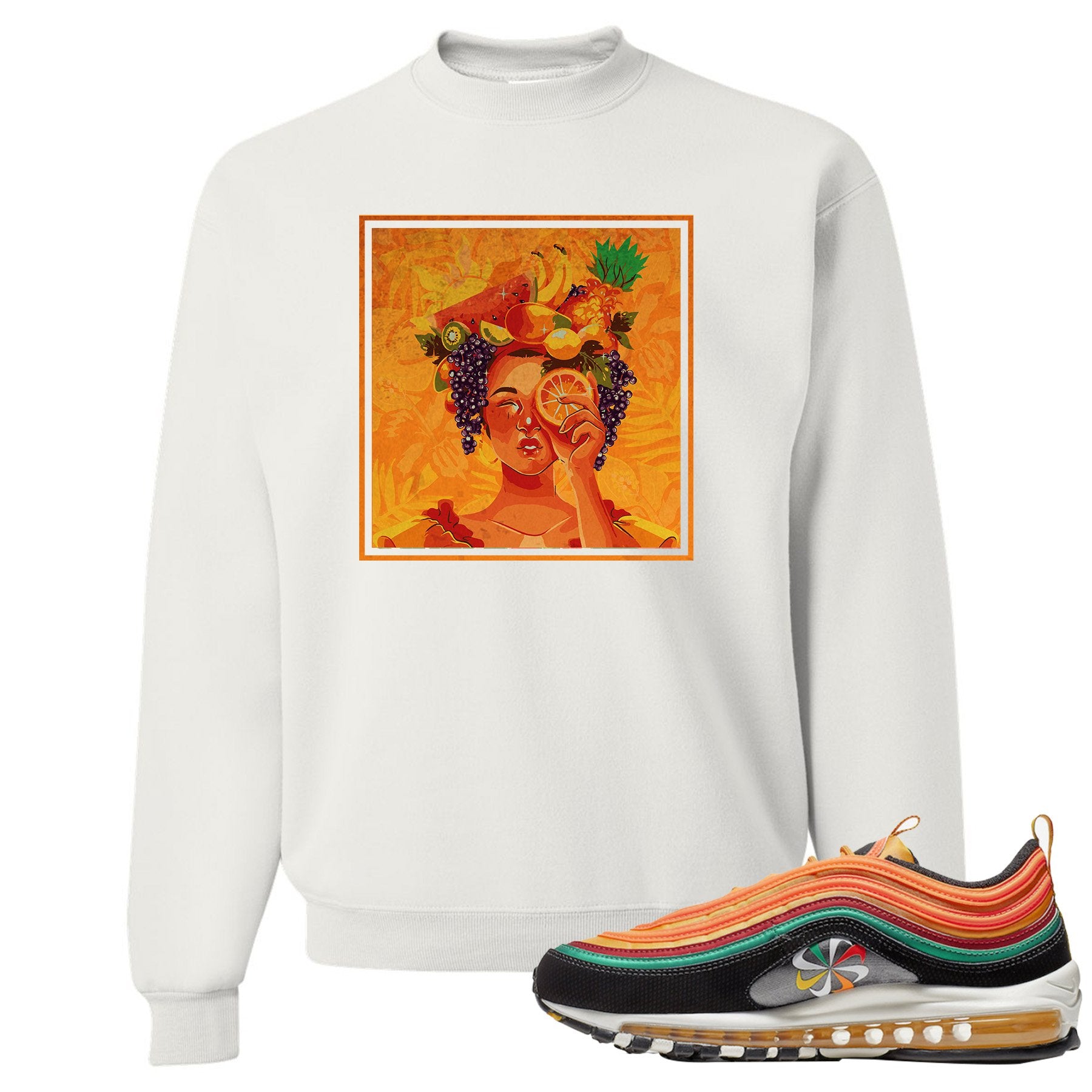 Printed on the front of the Air Max 97 sunburst white sneaker matching crewneck sweatshirt is the Lady Fruit logo