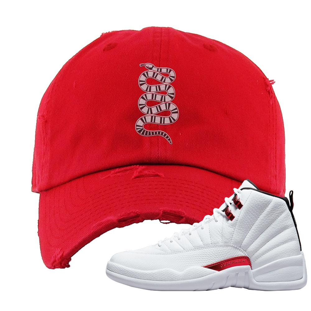 Twist White Red 12s Distressed Dad Hat | Coiled Snake, Red