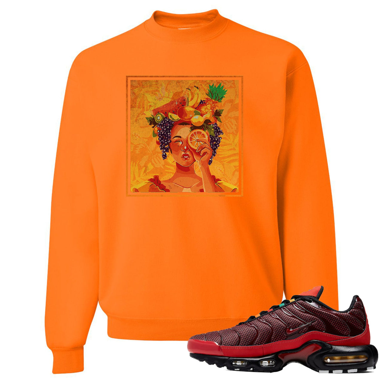 Printed on the front of the Air Max Plus Sunburst sneaker matching safety orange crewneck sweatshirt is the lady fruit logo