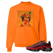 Printed on the front of the Air Max Plus Sunburst sneaker matching safety orange crewneck sweatshirt is the lady fruit logo