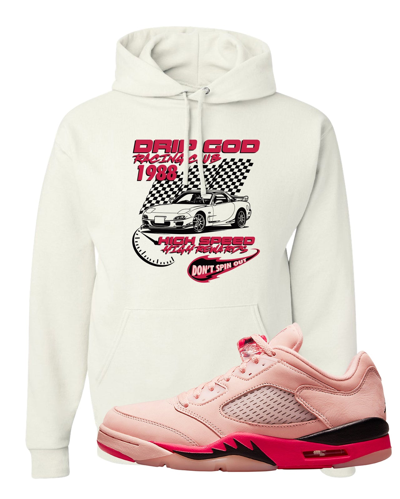 Arctic Pink Low 5s Hoodie | Drip God Racing Club, White