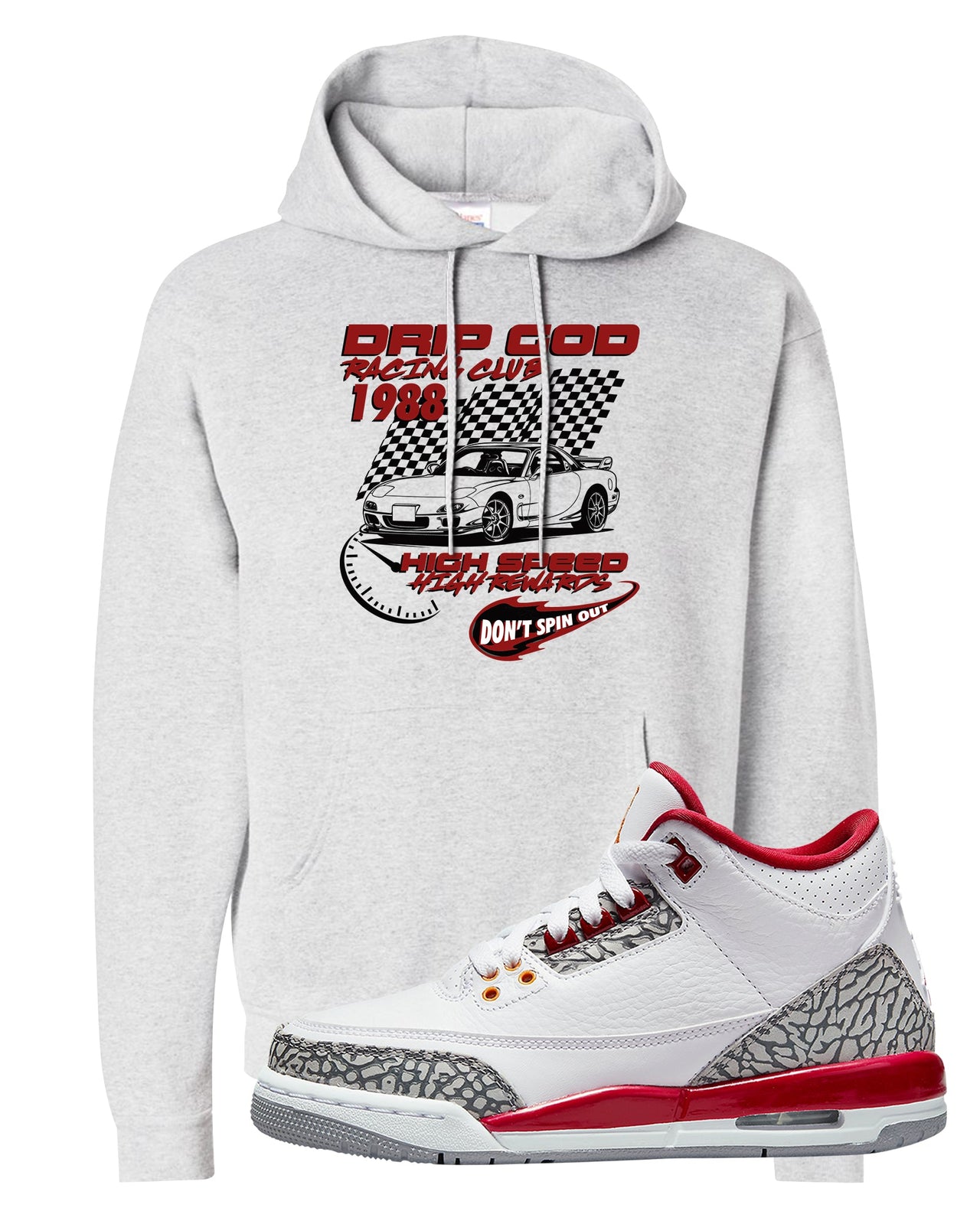 Cardinal Red 3s Hoodie | Drip God Racing Club, Ash