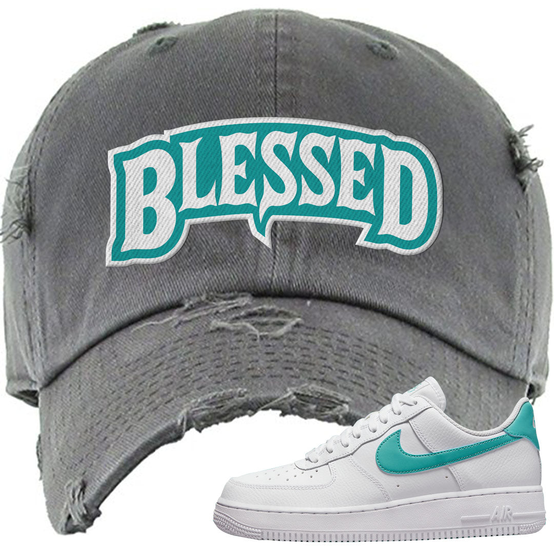 Washed Teal Low 1s Distressed Dad Hat | Blessed Arch, Dark Gray