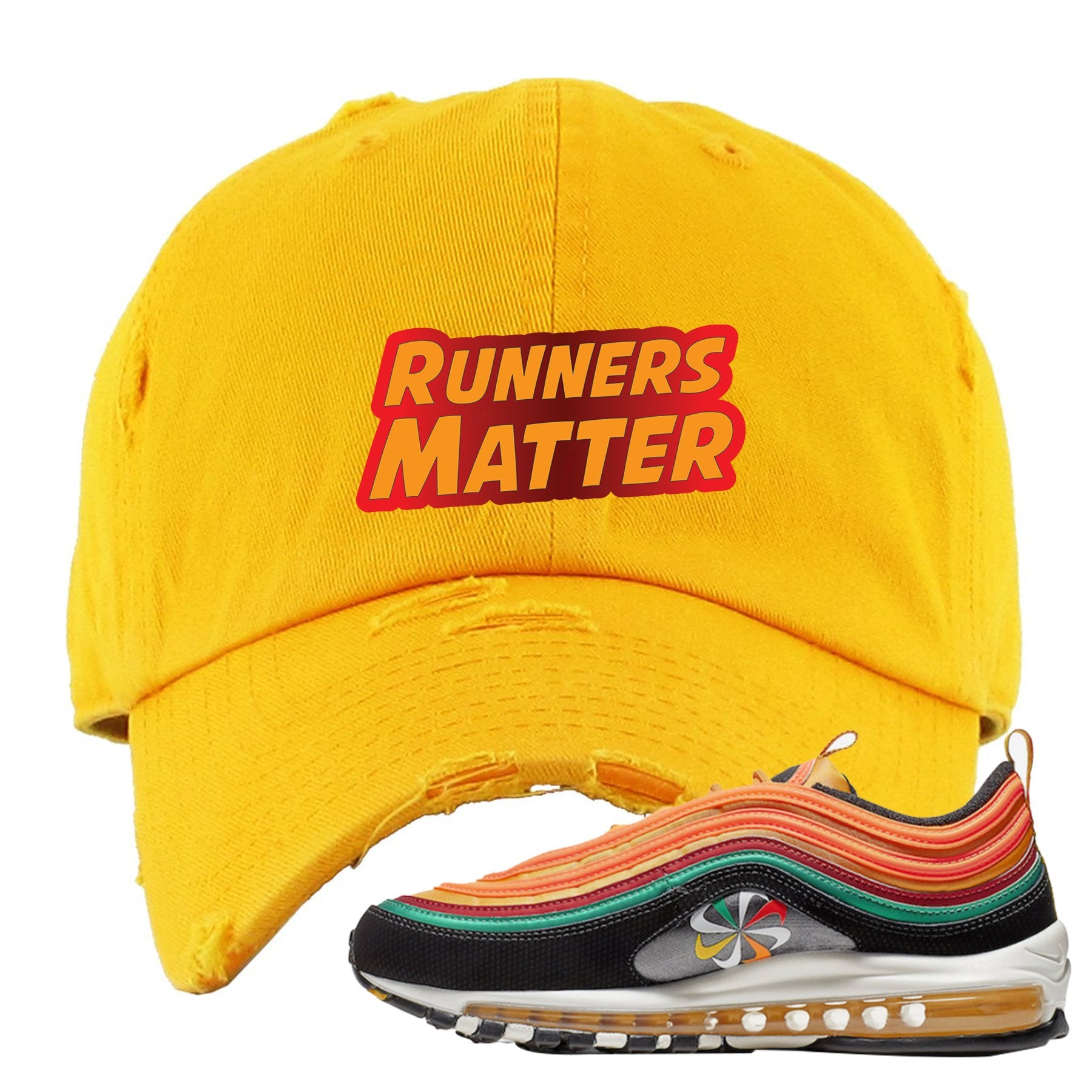 Embroidered on the front of the Air Max 97 Sunburst yellow distressed sneaker matching dad hat is the Runners Matter lgoo