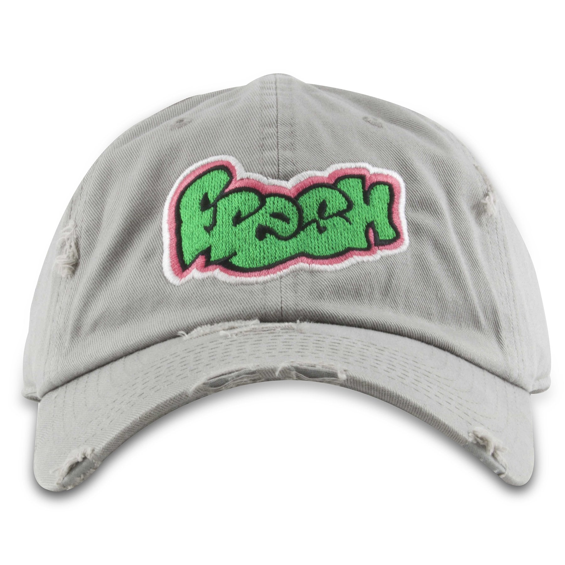 Embroidered on the front of the light gray distressed Fresh dad hat is the Fresh logo in green, black, hot pink, and white