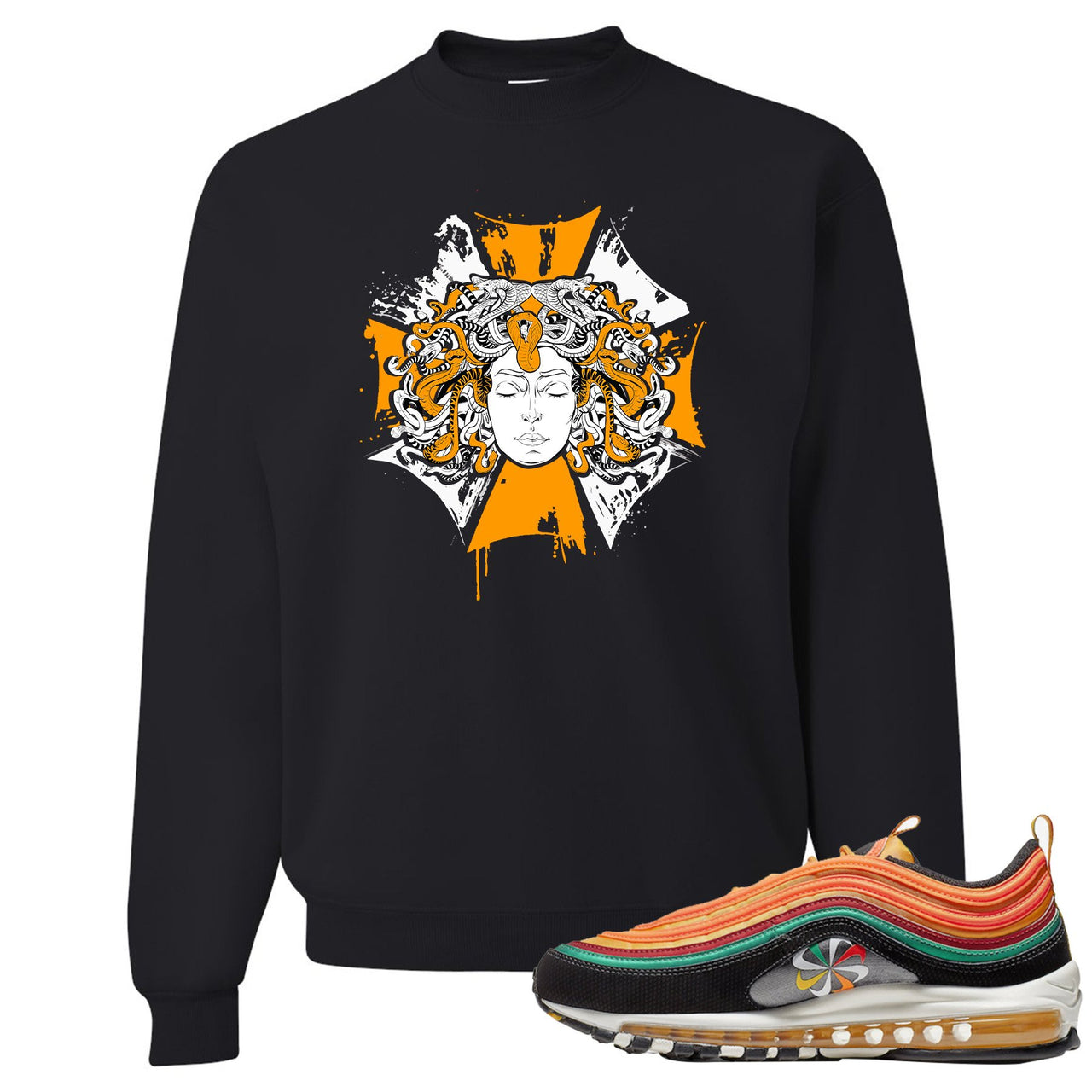 Printed on the front of the Air Max 97 Sunburst black sneaker matching crewneck sweatshirt is the Medusa logo