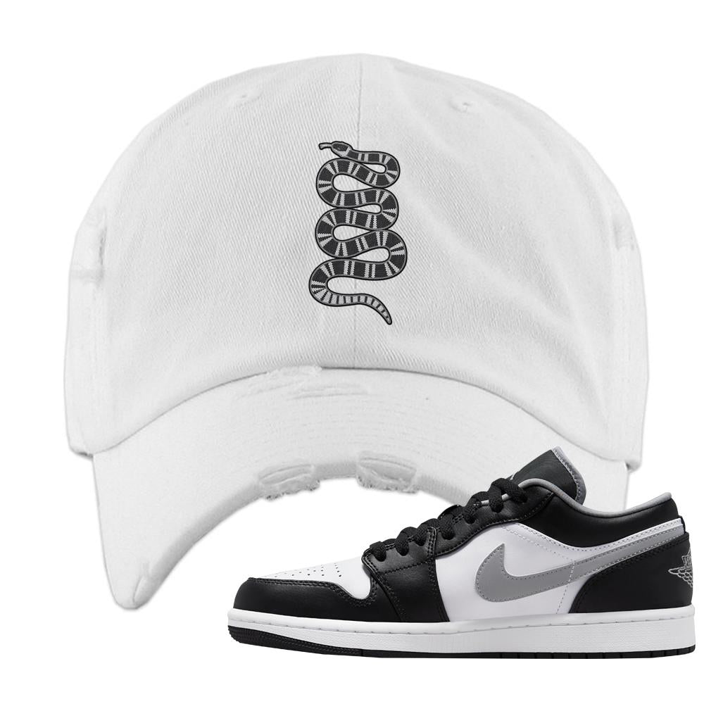 Air Jordan 1 Low Black Medium Grey Distressed Dad Hat | Coiled Snake, White