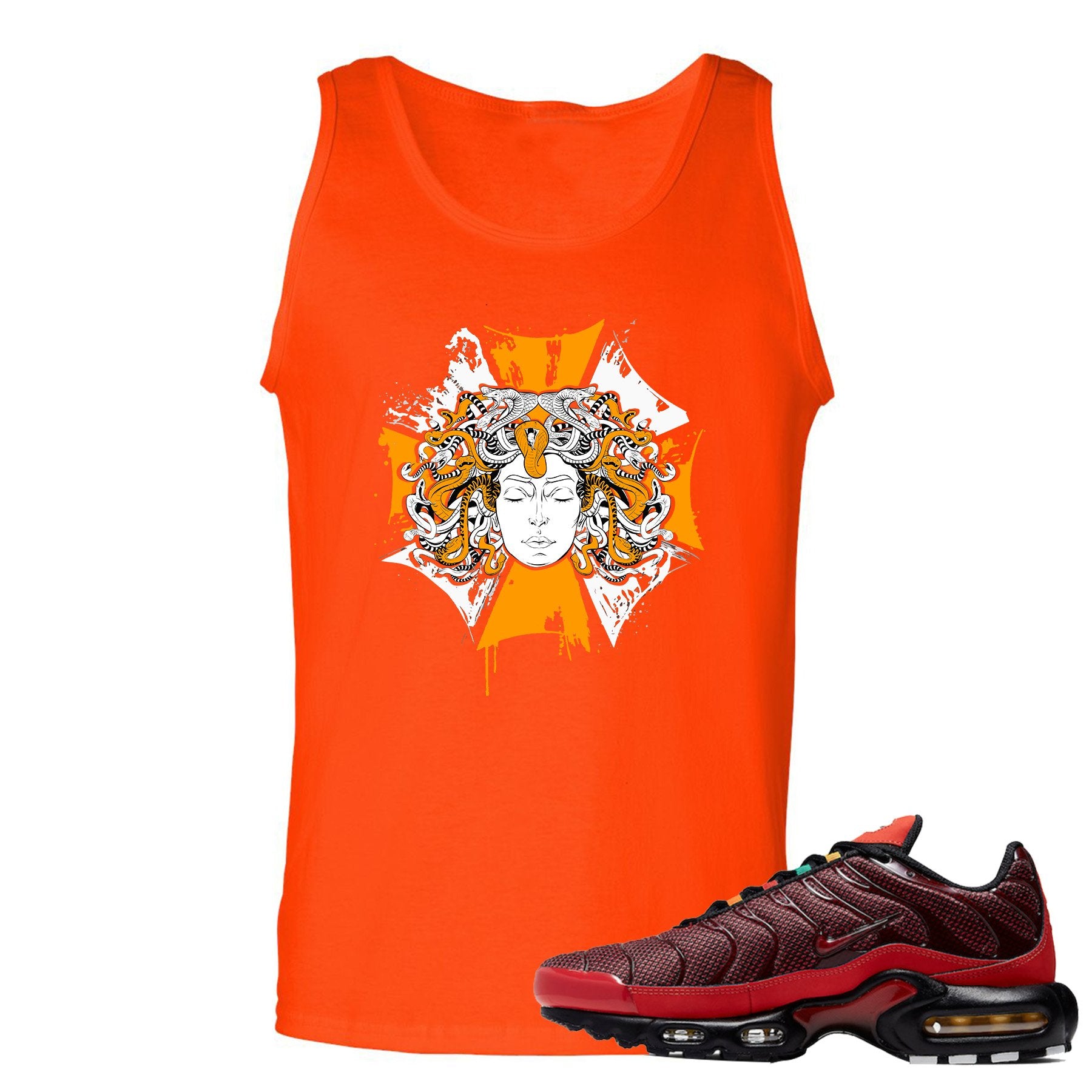 printed on the front of the air max plus sunburst sneaker matching orange tank top is the medusa sunburst logo