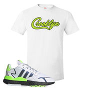 Nite Jogger Signal Green Sneaker White T Shirt | Tees to match Adidas Nite Jogger Signal Green Shoes | Crooklyn