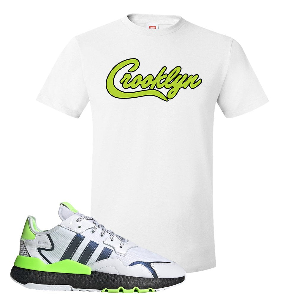 Nite Jogger Signal Green Sneaker White T Shirt | Tees to match Adidas Nite Jogger Signal Green Shoes | Crooklyn