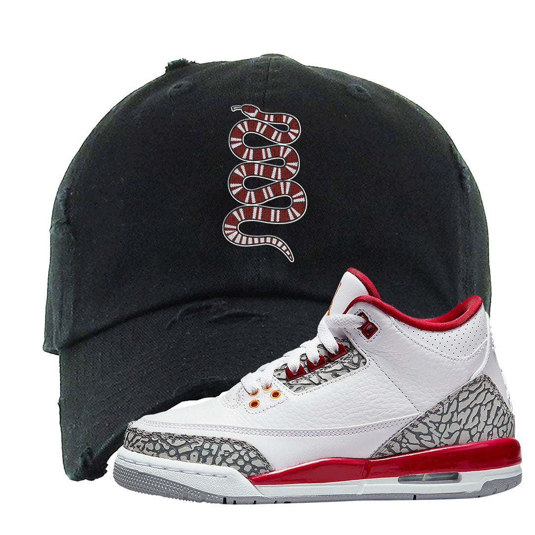 Cardinal Red 3s Distressed Dad Hat | Coiled Snake, Black