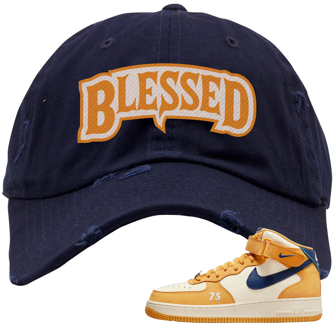 Pollen Paris Mid AF 1s Distressed Dad Hat | Blessed Arch, Navy Blue