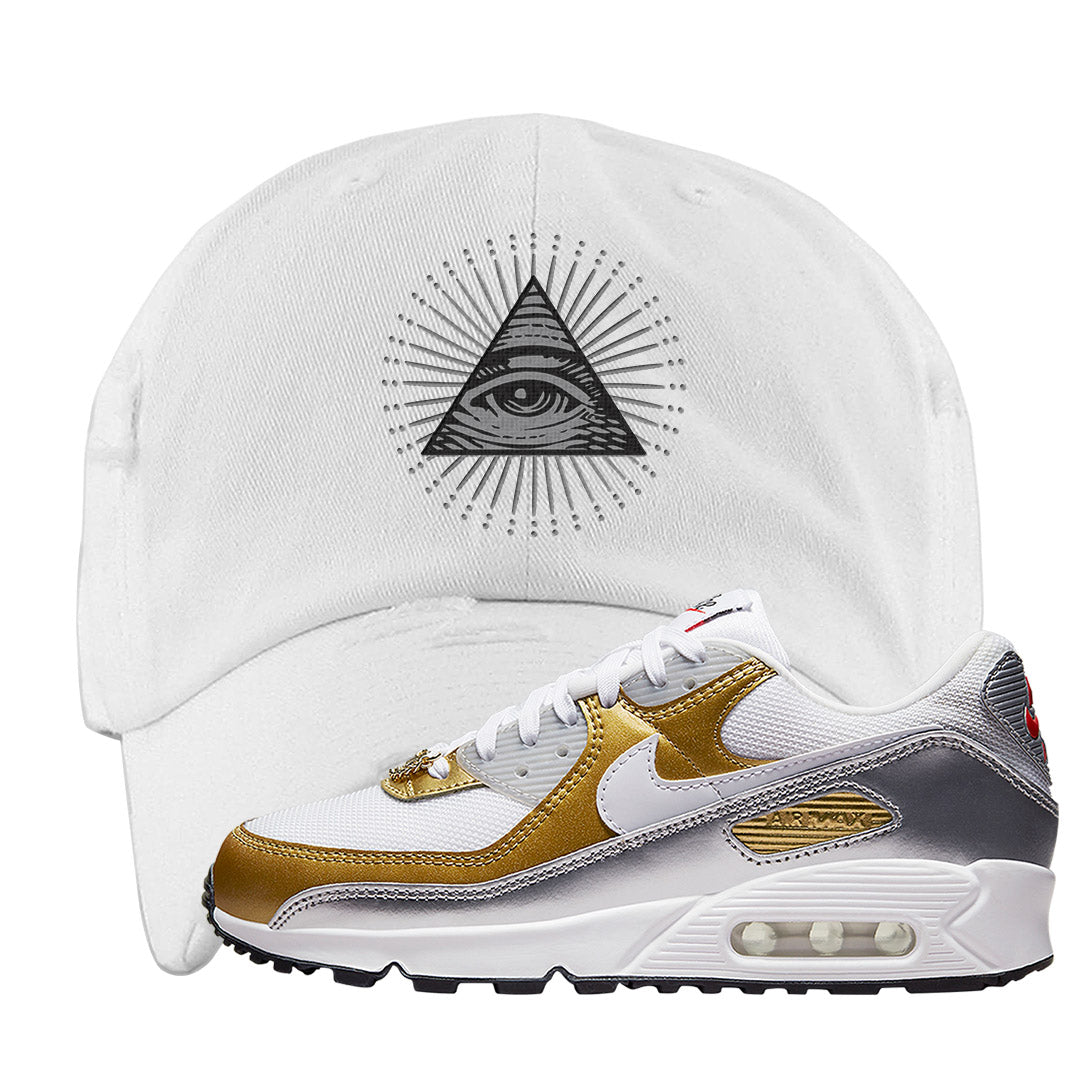 Gold Silver 90s Distressed Dad Hat | All Seeing Eye, White