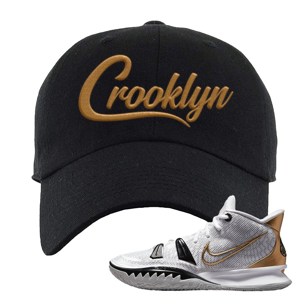 White Black Metallic Gold Kyrie 7s Dad Hat | Crooklyn, Black