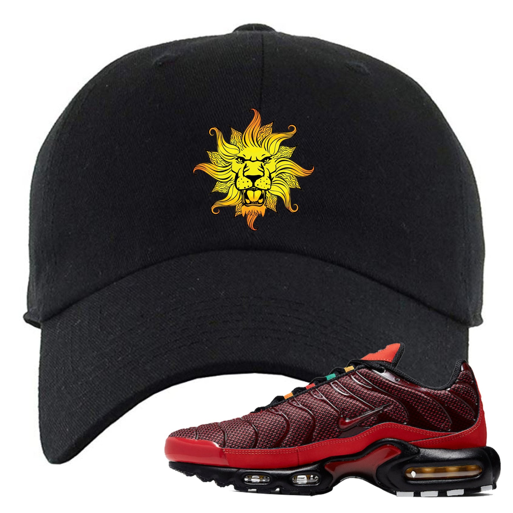 Embroidered on the front of the black air max plus sunburst sneaker matching black dad hat is the vintage lion head