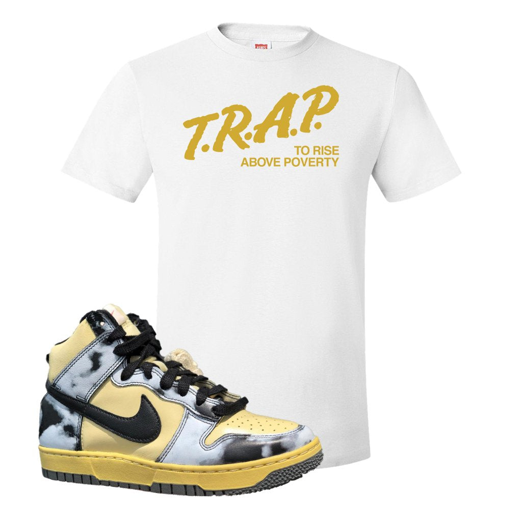 Acid Wash Yellow High Dunks T Shirt | Trap To Rise Above Poverty, White