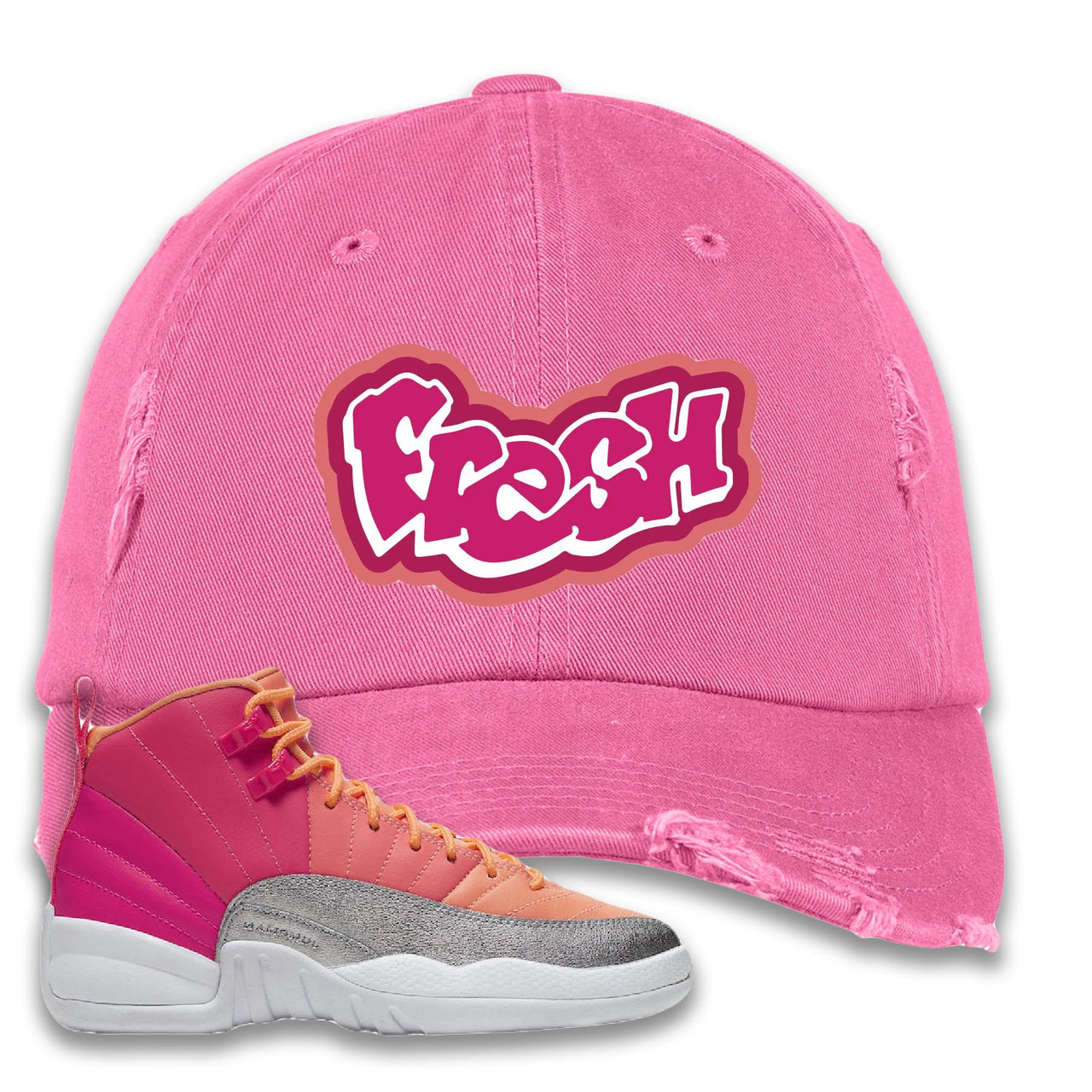 Jordan 12 GS Hot Punch Fresh Light Pink Sneaker Hook Up Distressed Dad Hat
