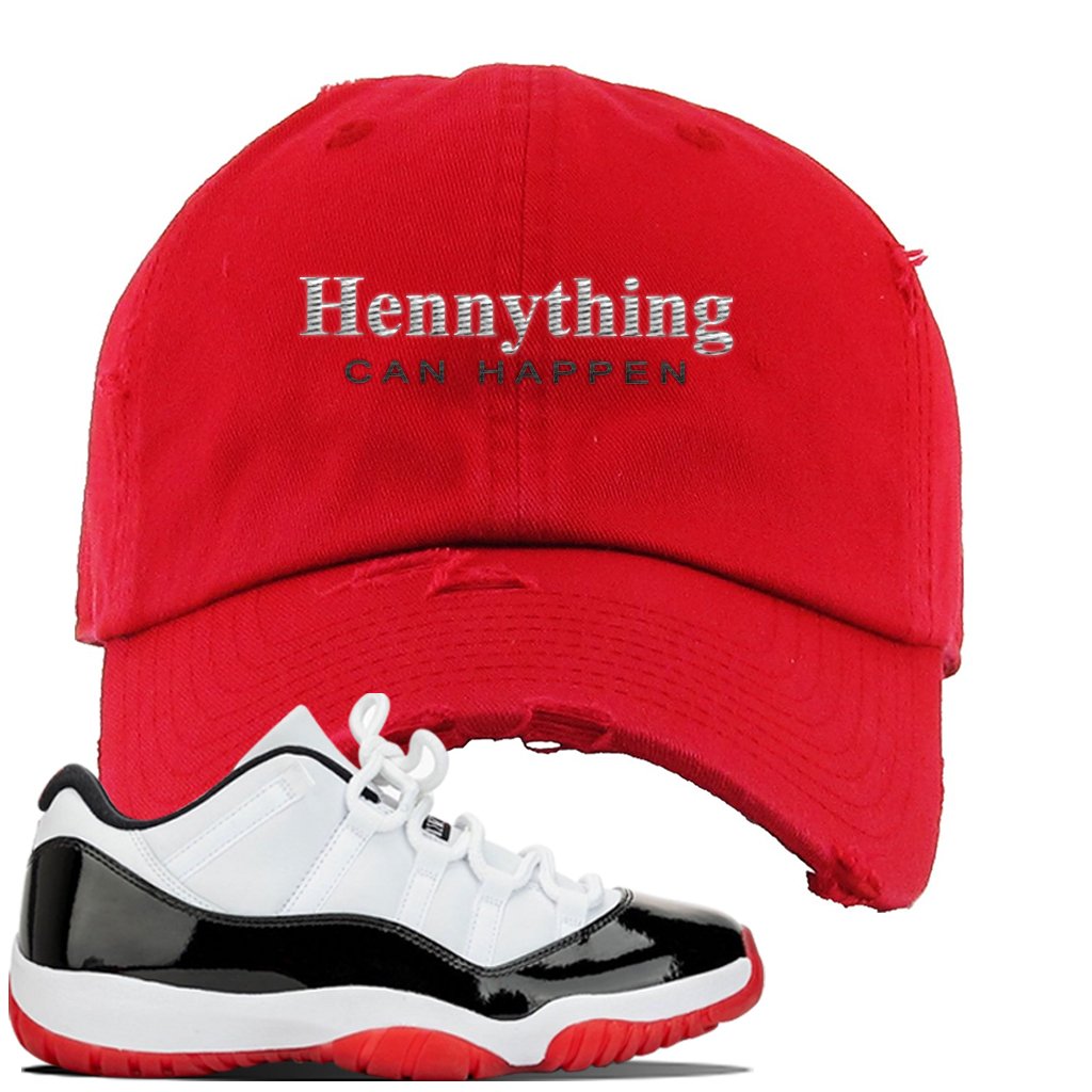 Jordan 11 Low White Black Red Sneaker Red Distressed Dad Hat | Hat to match Nike Air Jordan 11 Low White Black Red Shoes | HennyThing Is Possible