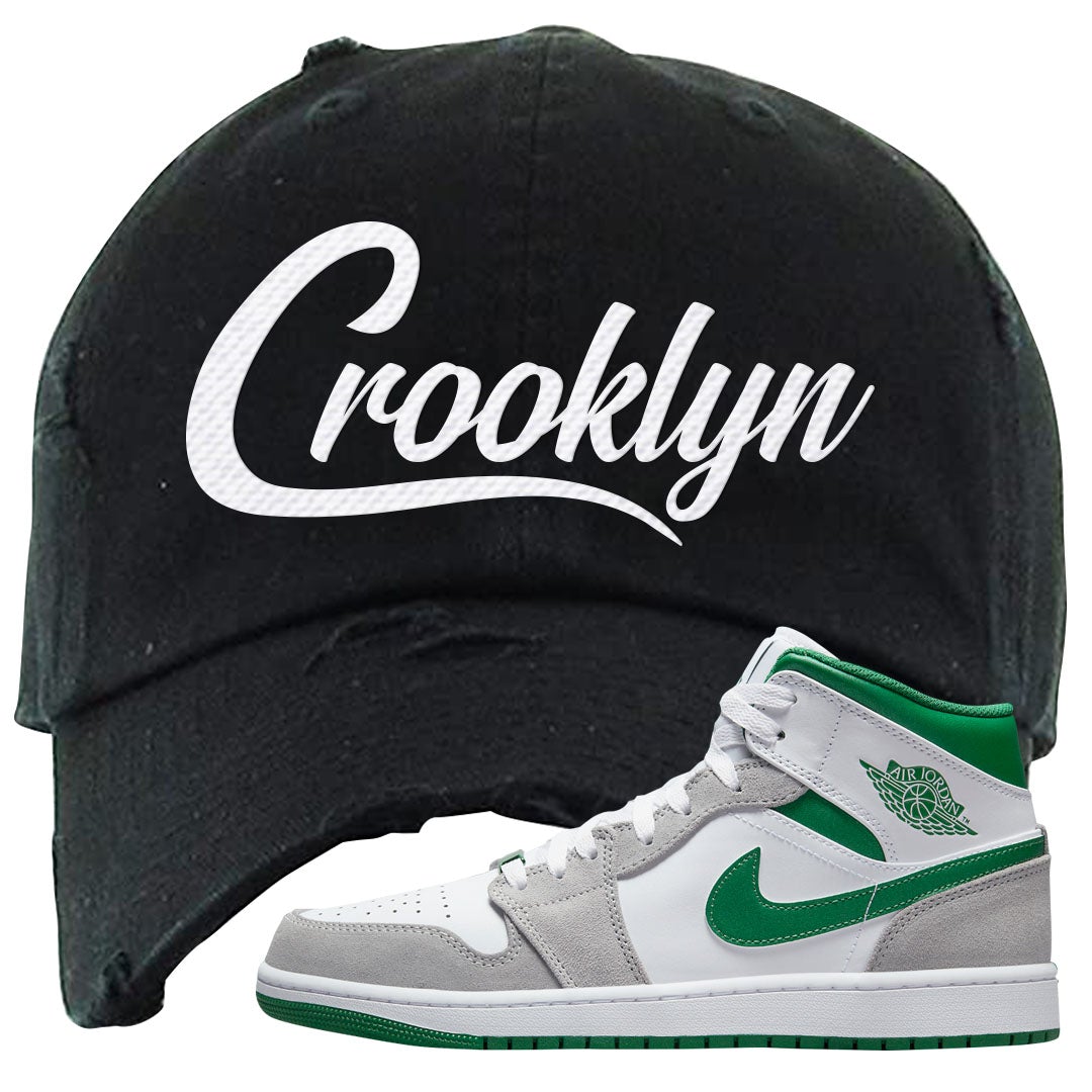 Light Smoke Pine Green Mid 1s Distressed Dad Hat | Crooklyn, Black