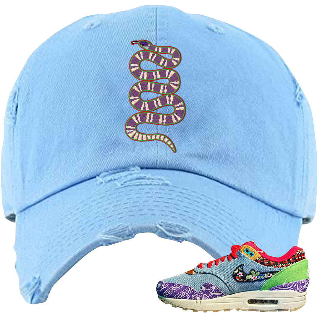 Bandana Paisley Max 1s Distressed Dad Hat | Coiled Snake, Light Blue