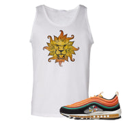 Printed on the front of the Air Max 97 Sunburst white sneaker matching tank top is the vintage lion head logo