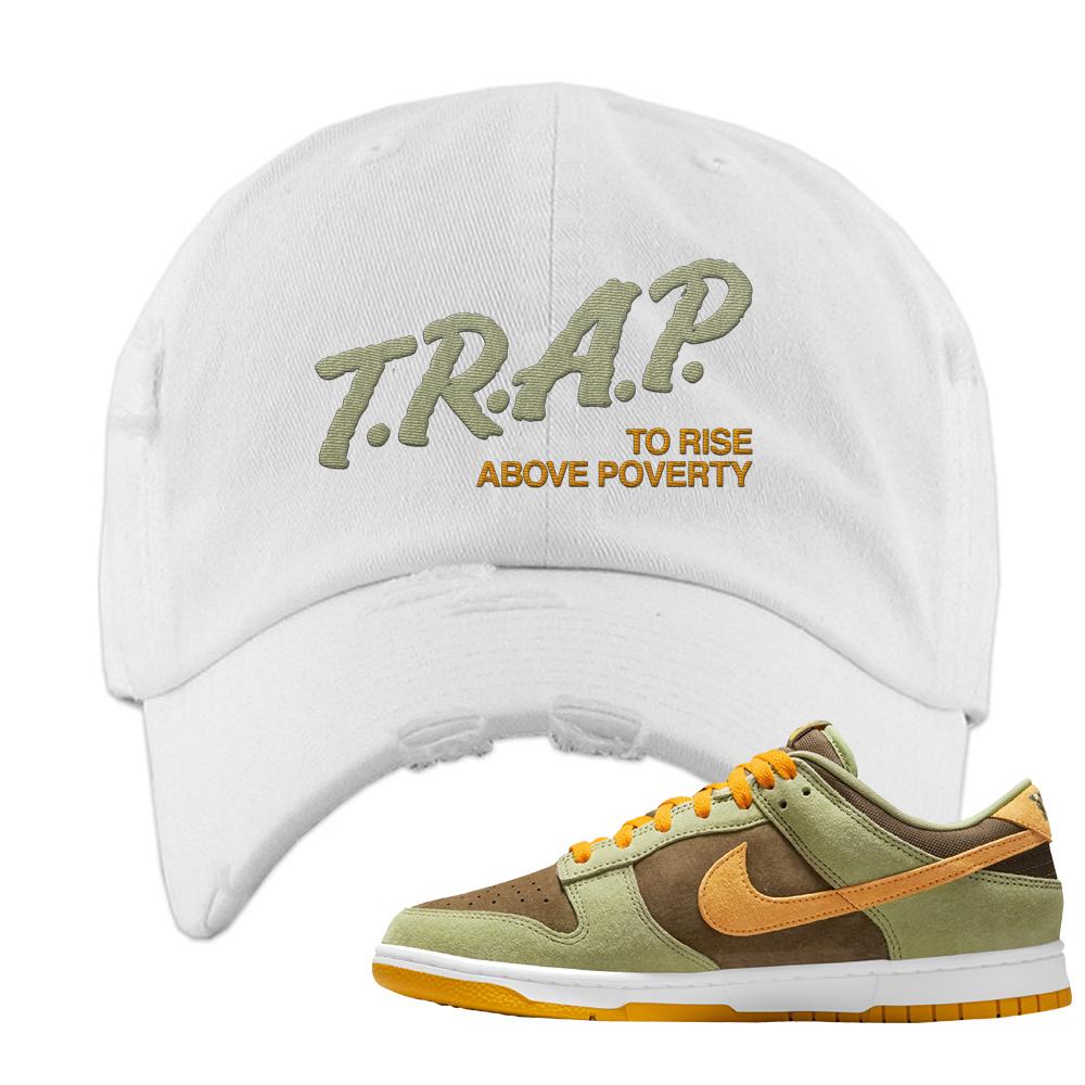 SB Dunk Low Dusty Olive Distressed Dad Hat | Trap To Rise Above Poverty, White