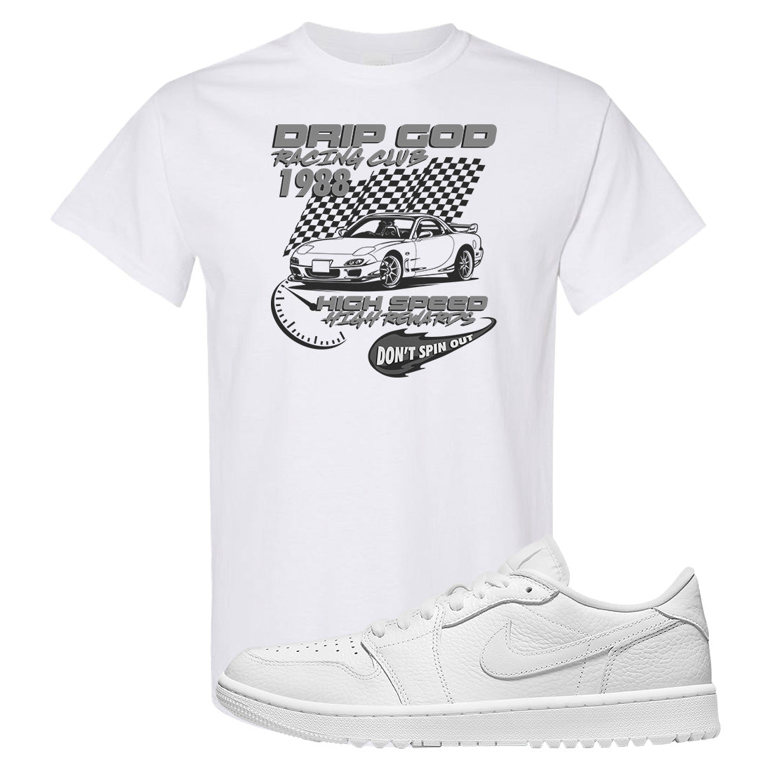 Triple White Golf Low 1s T Shirt | Drip God Racing Club, White