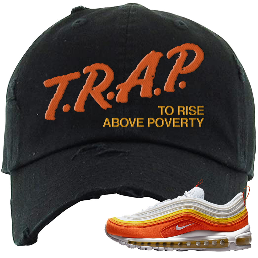 Club Orange Yellow 97s Distressed Dad Hat | Trap To Rise Above Poverty, Black